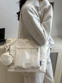 Fashionable New Women's Tote Bag, Solid Color Minimalist School Bag, Large Capacity Homework Bag, Suitable For Work And Class, Versatile And Exquisite - Beige - View 3