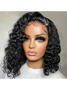 16 inch P4/27 Deep Wave Highlighted Bob pruik van echt haar, 5x5 honingbruin krullend haar, glueless pruik van echt haar voor vrouwen, korte HD lace front pruik - Natural Black - Bekijken 8