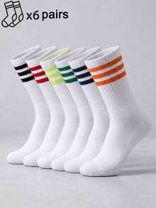 1/6/12 Pairs Women's Mid-Calf Socks, Multi-Color Three-Stripe Cuff Decor, Breathable & Moisture-Wicking, Mid-Calf Sports Socks, Suitable For Daily, Autumn/Winter, Holiday - Multicolor - View 12