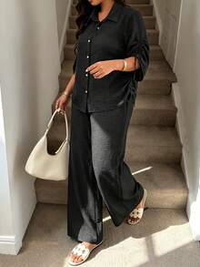 Women's Plus Size Spring/Summer Drawstring Tie Sleeve Minimalist Commuter Blouse - Black - View 4