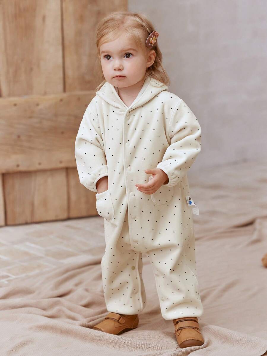 mini bala Baby Hooded Velvet Romper With Star Details Soft Stylish Going‑Out Jumpsuit For Autumn Winter - White Tone - View 1