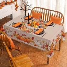 1pc Thanksgiving Autumn Pumpkin & Maple Leaf Print Rectangular Tablecloth, Suitable For Holiday, Party, Birthday, Dinner, Restaurant Table Decor, Autumn/Winter Home Decoration - Multicolor - View 1