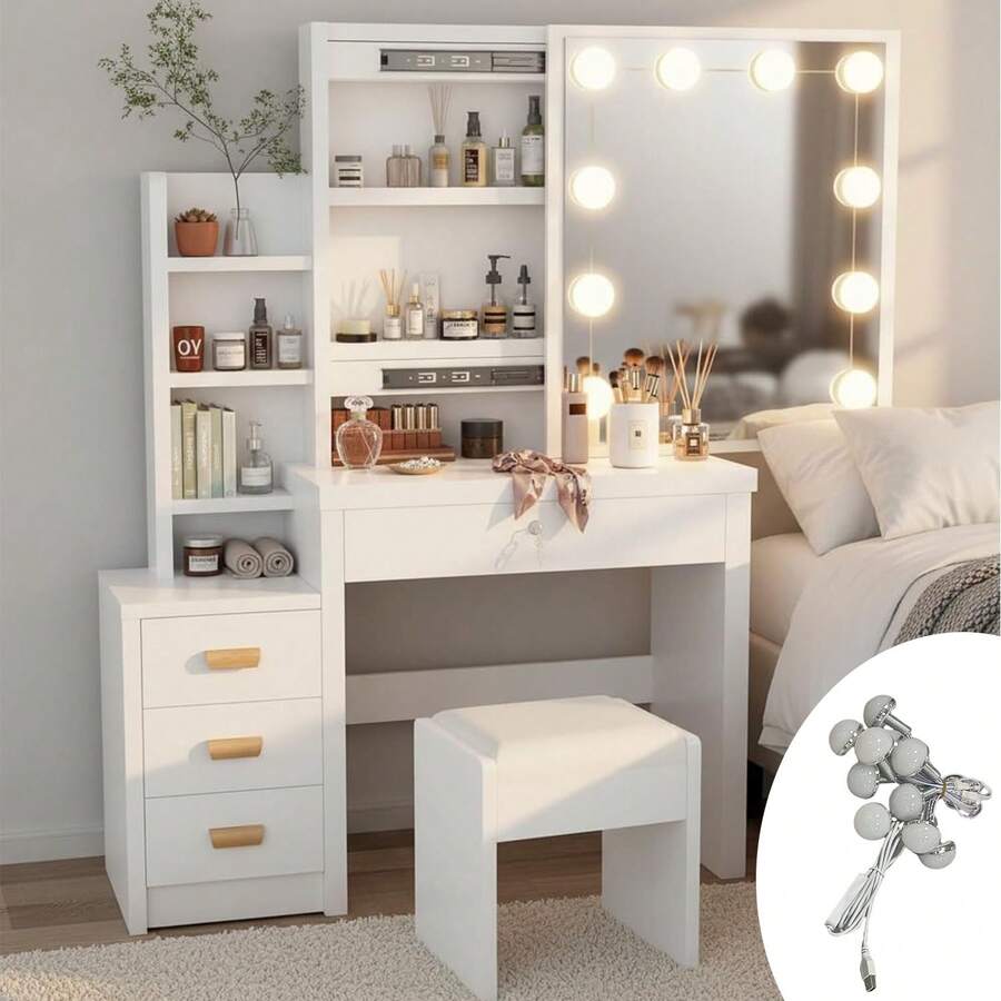 Dressing Table With Mirror And Lighting, Makeup Dressing Tables With 4 Drawers, 4 Open Shelves For Bedroom, Dressing Table Set With Lights And Stool 3 Concealed Shelves