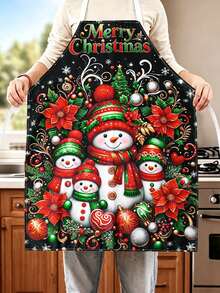 1pc Merry Christmas Apron - Snowman, Poinsettia, Xmas Ball Design, Polyester Holiday Decorative Apron, Suitable For Home Kitchen Baking, And Restaurant Servers, Christmas Kitchen Decor, Christmas Decorations - Multicolor - View 3