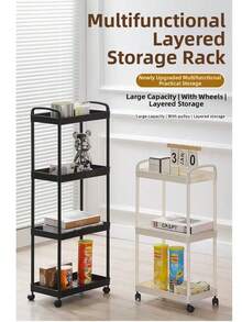 3-Tier White Plastic Rolling Storage Cart With Handle - Multi-Functional Storage Organizer For Kitchen, Bathroom And Bedroom - Durable Mesh Shelves Easy To Access, Mobile Practical Storage Cart | Modern Storage | Ventilated Storage - Multicolor - View 5