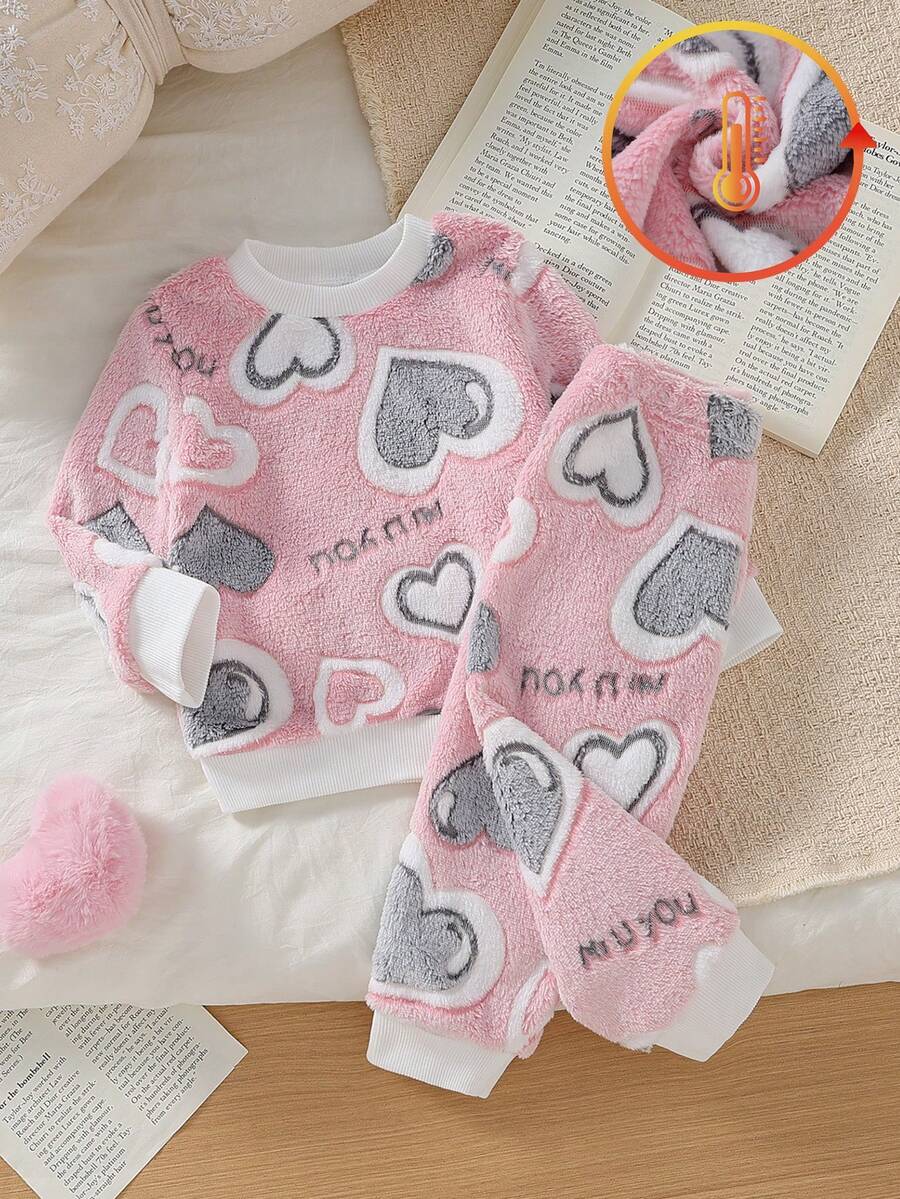 Infant Girls Pink & White Heart Print White Ribbed Cuffed Comfortable Long Pants & Long Sleeve 2 Pieces Set Autumn/Winter Loungewear - Multicolor - View 1