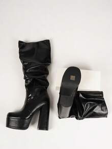 New Women's Chunky Heel Platform Slimming Elastic Ruched Knee-High Fashion Boots - Black - View 9