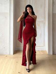 Women's One Shoulder Mesh Slit Formal Long Dress, Suitable For Wedding Guest, Prom, Homecoming, Evening Party, Wine Red Elegant Outfit - Burgundy - View 6