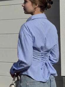 Striped Polyester Back Tie Shirt For Office, Daily Wear, Date, Airport, Travel, Home, Spring, Autumn, Winter - Sky Blue - View 6