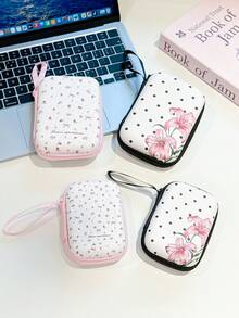 Floral Print Hard Shell Storage Case, Portable Zipper Electronic Accessories Organizer Pouch With Hand Strap, Protective Carry Bag For Earbuds, Cables, Makeup Cosmetics - Multicolor - View 1