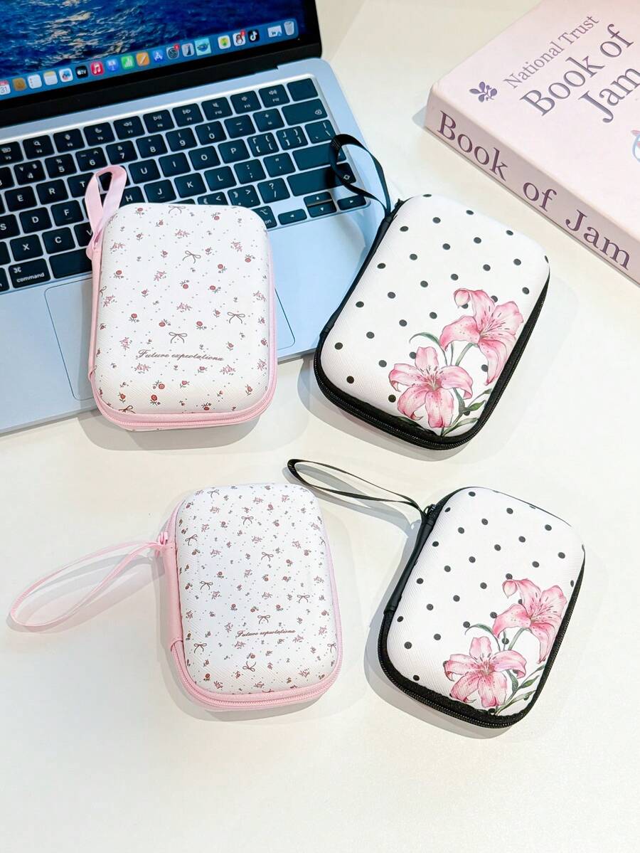 Floral Print Hard Shell Storage Case, Portable Zipper Electronic Accessories Organizer Pouch With Hand Strap, Protective Carry Bag For Earbuds, Cables, Makeup Cosmetics - Multicolor - View 1
