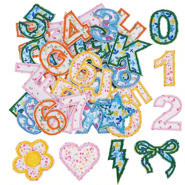 26/41 buah Patch Bordir Applique Campuran Warna dengan Cetakan Huruf + Angka + Pola, Stiker Patch Bunga Pita Hati untuk Pakaian, Tas, Topi, Dekorasi DIY, Patch Perbaikan Pakaian