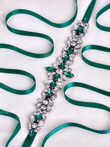 1pc Elegant Green Rhinestone Wedding Belt, Summer Waist Sash, Luxury Decorative Accessory For Wedding Guests Bridesmaids - Dark Green - View 7