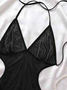 1pc Women's Mesh Drawstring Sexy Lingerie, Mesh Bikini Cover-Up, Transparent Tight Bodysuit, Jumpsuit, Bikini Top - Black - View 10