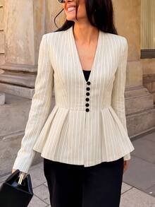 Women's Striped V-Neck Ruffle Trim Blazer, Front Button Closure Long Sleeve Slim Fit Flared Hem Jacket - Apricot - View 3