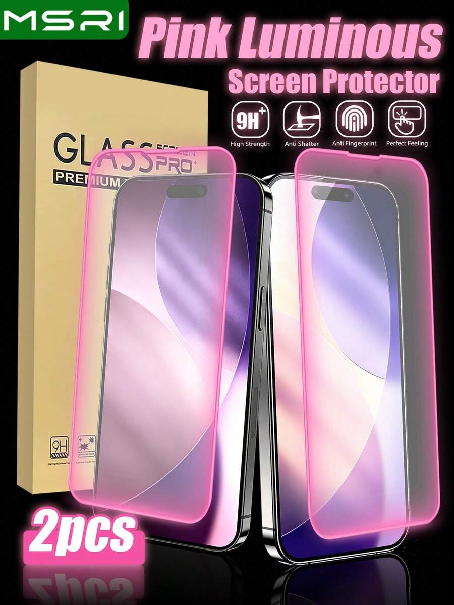2pcs Pink Glow-In-The-Dark HD Tempered Glass Screen Protector, Durable 9H+ Glass, Ultra Clear, Anti-Shatter, 9H+ High Hardness, Scratch Resistant, Glow-In-The-Dark, Compatible With IPhone Ultra/18 Pro Max/18 Pro/18/17e/17 Pro Max/17 Pro/17 Air/17/16 Pro Max/16 Pro/16 Plus/16/15 Pro Max/15/14/13/12 And Other Models. - Pink - View 1
