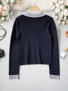 Women's Preppy Style 2 In 1 Knit Cardigan Sweater Jacket, Striped Patchwork Design, Elegant Autumn/Winter Top Fall - Royal Blue - View 9