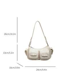 蝴蝶結貼袋裝飾肩背包，多口袋分層收納小物品，拉鍊開合，法棍腋下包，適合日常出門、約會、通勤、旅行，可調式肩帶，百搭個性化斜挎小包 - 白色 - 查看 3