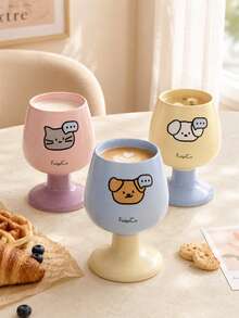 1pc Cute Cat & Dog Print Ceramic Goblet, Kawaii Aesthetic Pedestal Coffee Cup, Color Block Cute Mug For Latte, Milk, Matcha, Cappuccino & Tea, Room Decor, Desk Decor, Birthday Gift For Women, Cat Dog Lovers, Teen Girls, Home Kitchen Decor, Home Drink - Cartoon Goblet - View 1