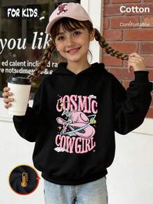Autumn Girls Graphic Hoodie With Pink Cowboy Hat Skull Print & Cosmic Cowgirl Text Y2K - Black - View 3