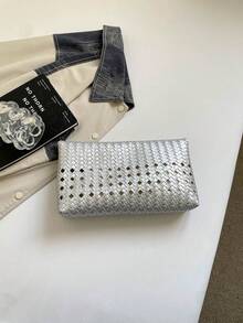 純色 PU 皮革輕量大容量翻蓋磁扣小方包，多功能派對與晚餐包，適合女性 - 銀色 - 查看 4