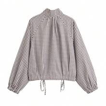 ZAHM Áo ngắn nữ kẻ caro nâu trắng, gấu rút dây, tay dài raglan, áo kiểu thường ngày - màu nâu - Xem 11