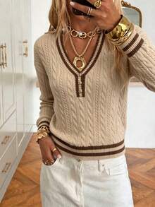 Elegant V-Neck Button Cable Knit Pullover Sweater, Fashionable Minimalist Contrast Color Casual Versatile Knit Top For Women - Khaki - View 5
