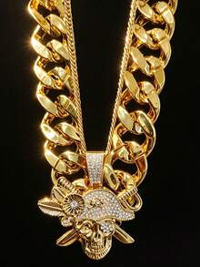 2pcs/Set Pirate Style Hip Hop Punk Necklace Exaggerated Men's Big Gold Chain Set, Vintage Punk Style, Suitable For Party, Gathering, Halloween, COS - Gold - View 5