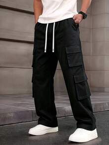 Solid Color Men's Cargo Pants, Loose Straight Leg Breathable Comfortable Multi-Pocket Design, Suitable For Hiking, Trekking, Outdoor Sports. Equipped With Waist Drawstring For Adjustable Fit, Perfect Gift For Boyfriend Or Family. - Black - View 6