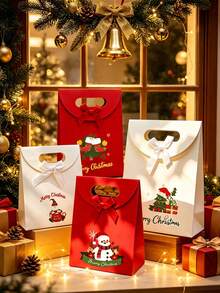 Christmas Paper Gift Bag With Bow Decoration, Christmas Snowman And Tree Pattern Portable Handheld Gift Bag, Holiday Party Favor Flip-Top Gift Bag, Christmas Gift Packaging Supplies - A - View 7