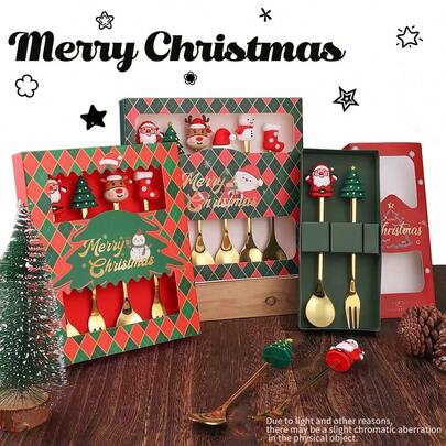 Christmas Tableware, Christmas Gift, 2pcs/4pcs/6pcs Portable 304 Stainless Steel Cutlery Set, Camping Utensils, Reusable Spoon & Fork Set With Storage Box, Suitable For Picnic And Daily Use, Kitchen Essential