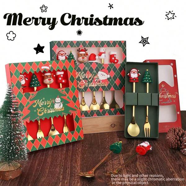 Vajilla Navideña, Regalo de Navidad, Juego de Cubiertos Portátil de Acero Inoxidable 304 de 2 piezas/4 piezas/6 piezas, Utensilios de Camping, Juego de Cuchara y Tenedor Reutilizable con Caja de Almacenamiento, Adecuado para Picnic y Uso Diario, Esencial de Cocina
