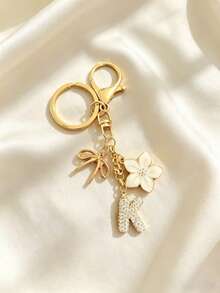 1pc Bowknot Flower Letter Keychain, Rhinestone Studded English Letter Pendant, Sweet Style Metal Bowknot White Flower Rhinestone Letter Keychain, Personalized DIY Letter Bag Charm, Car Key Chain For Girls - Flower Letters - View 18