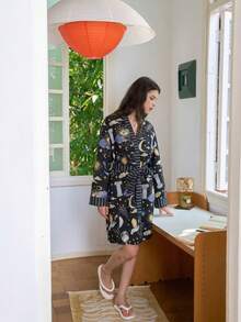 Women's Vacation Style Colorblock Universe Star & Moon Print Robe - Black - View 6