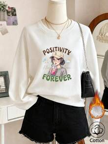 Women's White Round Neck Long Sleeve Pullover Sweatshirt With Rib-Knit Details And 'Positivity Forever' Graphic Print, Casual Style, - White - View 1