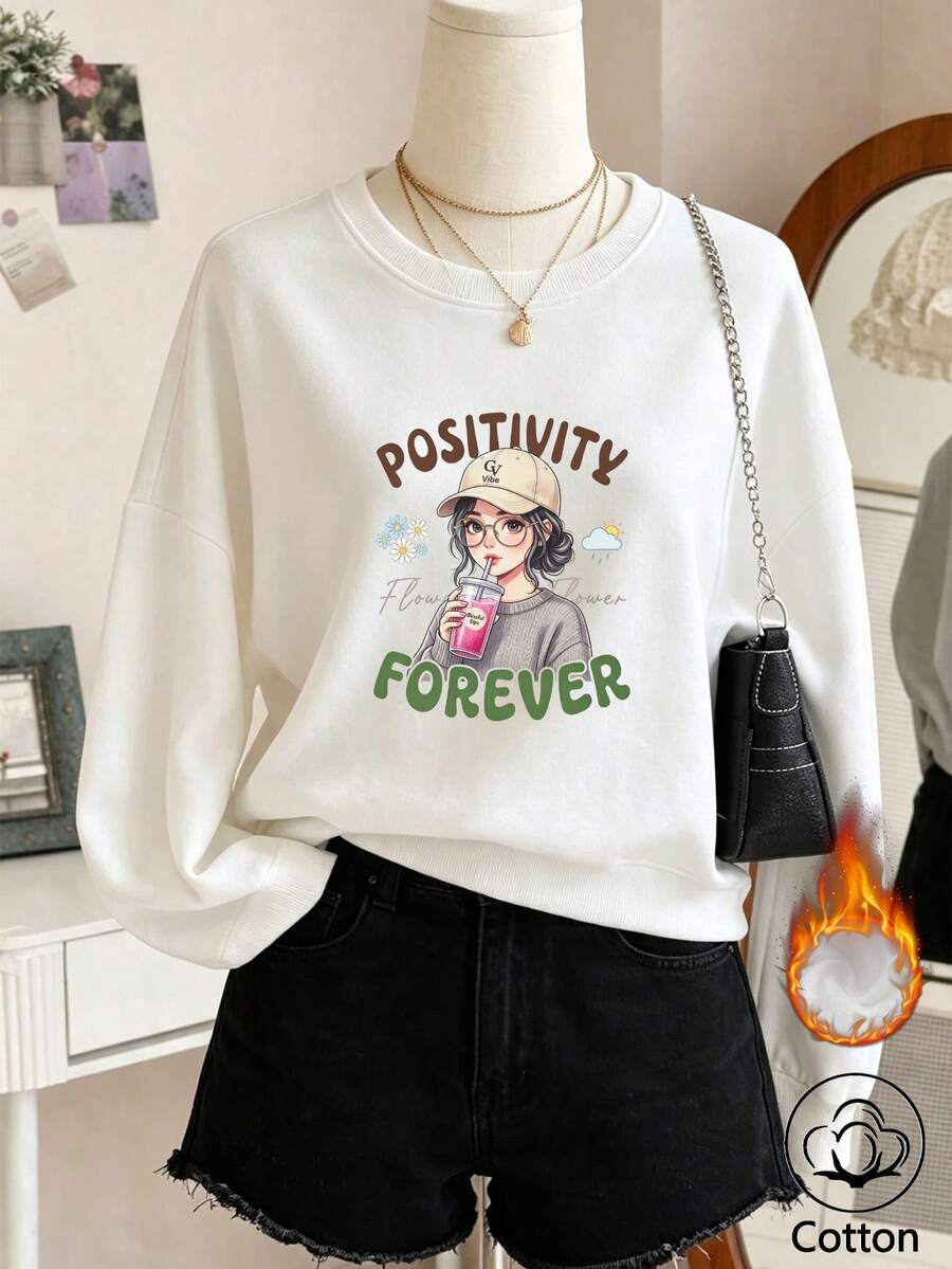 Women's White Round Neck Long Sleeve Pullover Sweatshirt With Rib-Knit Details And 'Positivity Forever' Graphic Print, Casual Style, - White - View 1