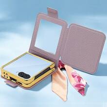 VIETAO Casing Ponsel Kulit Sintetis Portabel Berlapis Elektroplating dengan Tali Motif Bunga dan Cermin, Kompatibel dengan Galaxy Flip 8 76 5 4 3 Flip8 Mobile Cover - Merah - View 6