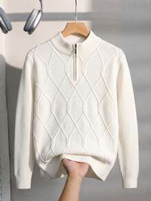 Boys' College Style Solid Color Argyle Pattern Stand Collar Half-Zip Knit Cardigan, Suitable For Casual Daily Wear In Spring, Autumn, Winter - White - View 2