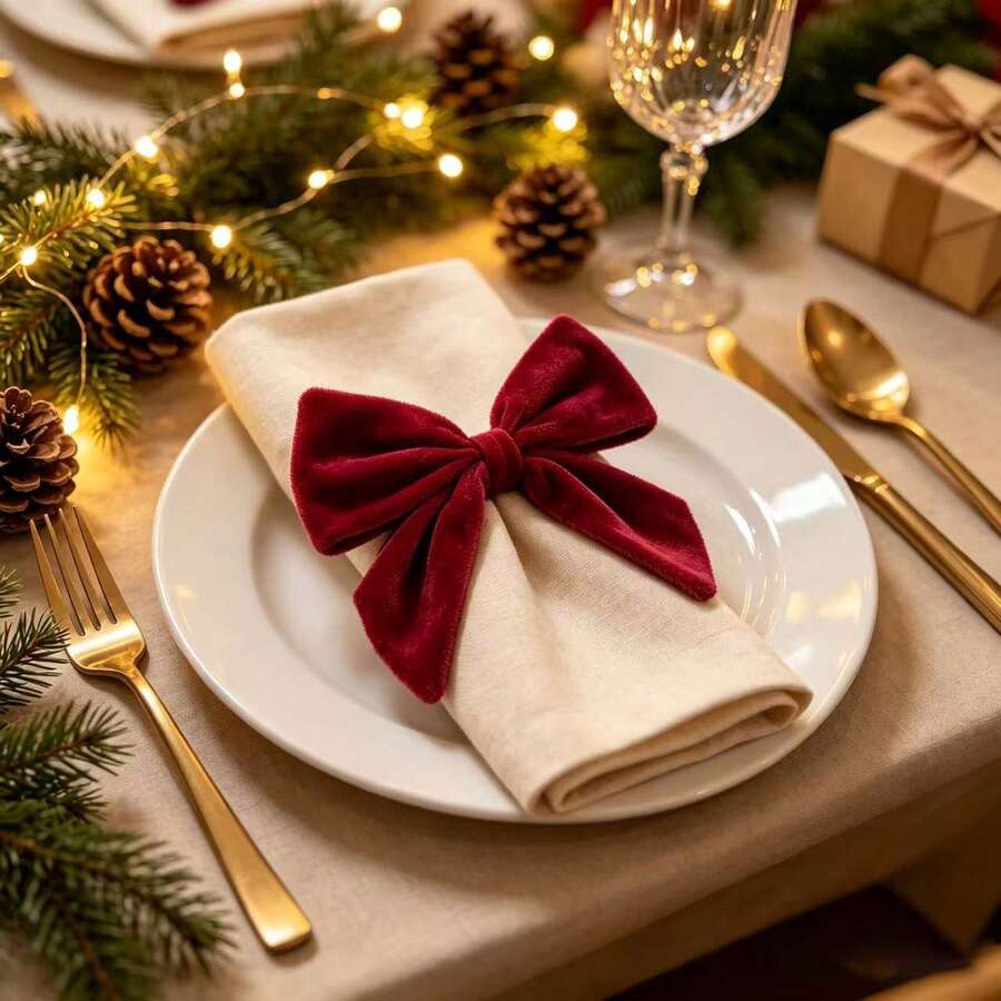 1 Set, Red, Green, Bow Christmas Napkin Rings, 12*12cm Seasonal Kitchen Table Decor, Christmas Home Decoration - Multicolor - View 1