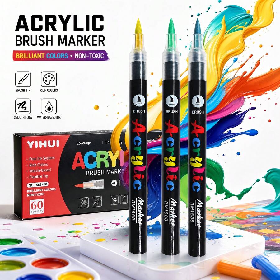 60pcs Acrylic Paint Markers, Liquid Ink Marker Pen Set With Stackable Design, Smooth Flow Paint Pens With Vibrant Colors For Drawing, DIY Crafts And Creative Projects, Back To School Art Supplies - Sets - View 1