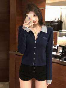 Women's Preppy Style 2 In 1 Knit Cardigan Sweater Jacket, Striped Patchwork Design, Elegant Autumn/Winter Top Fall - Royal Blue - View 2