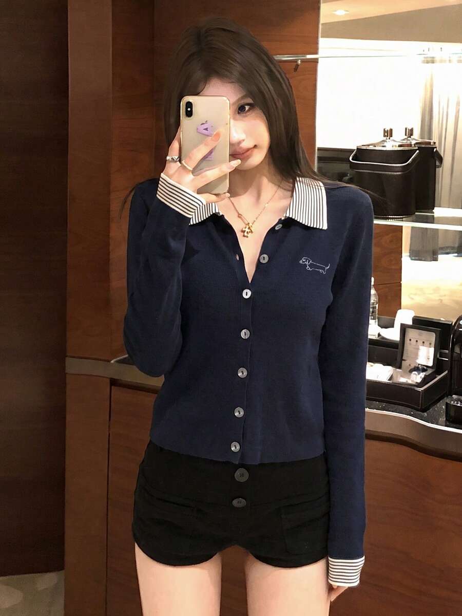 Korean Y2K Sweet Minimalist Sexy Preppy Style Women's 2-In-1 Knit Cardigan, Autumn/Winter Striped Patchwork Elegant Sweater Jacket Top - Royal Blue - View 1