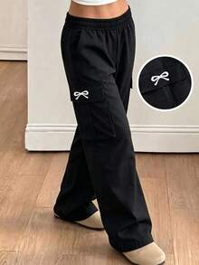 Sweet Cool Girl Cargo Wide Leg Pants, Bow Print Side Pocket Elastic Waist Loose Fit Long Pants For Girls, Spring/Autumn - Black - View 8