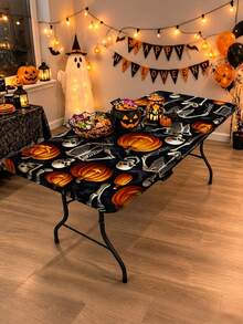 1pc Halloween Elastic Rectangular Tablecloth, Full Moon Haunted House Pumpkin Ghost Print, Outdoor Yard Party, Halloween Popular Decoration, Holiday Banquet Table Protector - C - View 5