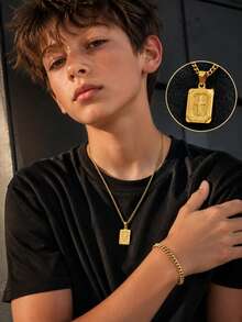 2pcs/Set Gold Cross Pendant Necklace Curb Chain Bracelet Hip Hop Jewelry For Boys Daily Streetwear Party Holiday Gift Fashion Accessories - Gold - View 1