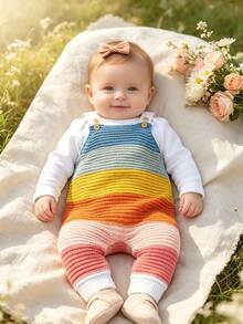 1pc Baby Girl Rainbow Striped Patchwork Knit Sleeveless Romper, Soft & Comfortable All-In-One Jumpsuit For Baby Girls - White - View 5