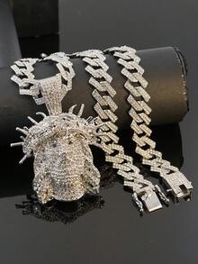 1pc Hip Hop Full Rhinestone Jesus Head Pendant Necklace, Heavy Rhinestone Inlaid Cuban Chain, Gold Vintage Religious Style Accessory, Rap Stage Party Unisex Personalized Gift Jewelry - Crown Of Thorns Jesus - View 15