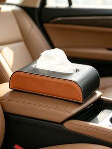 1pc Black Brown Spliced Car Tissue Box, Minimalist Style PU Leather Material Arc‑Rectangle Shape With Hanging Strap & Contrast Stitching Detail, Tissue Storage Function Car Sun‑Visor Napkin Holder, For Car Interior Road Trip Daily Driving - Multicolor - View 11