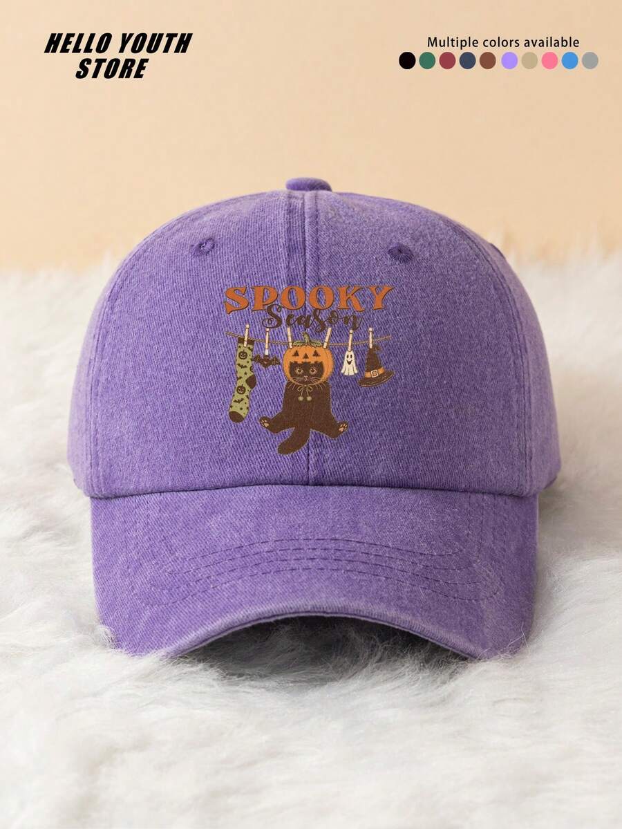 1pc Spooky Season Halloween Pattern Baseball Cap, Lightweight & Comfortable All-Season Wear, Versatile Outdoor Sports Hat, Vintage Washed Cap - Suitable For Daily Outings And Streetwear, Halloween Gift Decorative Hat