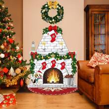Christmas 5pcs Winter Scene Backdrop Set, Snowy Window, Fireplace, Christmas Tree And Wreath Printed Fabric Decor, Holiday Home Wall Hanging Decoration Set - Multicolor-a - View 1